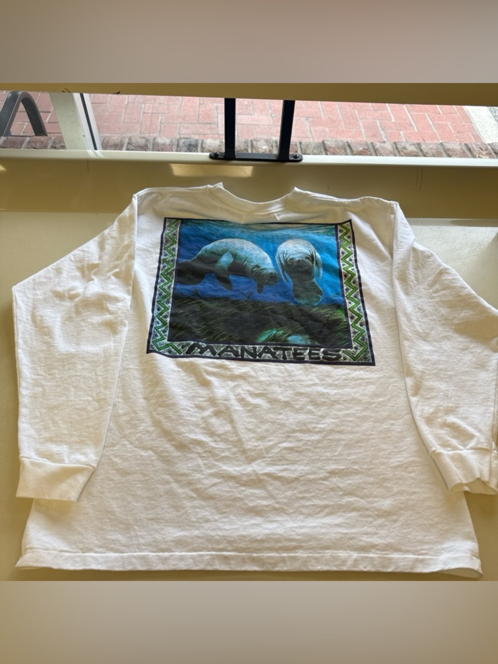 Manatees Graphic Long Sleeve Tee - White with Blue/Green Print